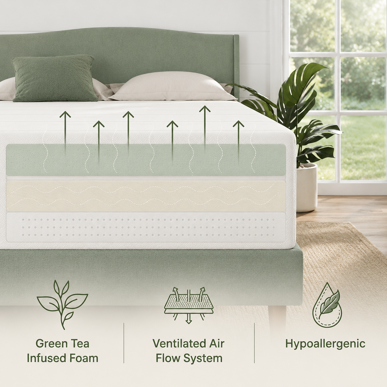 Green Tea Infused Memory Foam Mattress – Pressure-Relieving Comfort & Refreshing Sleep
